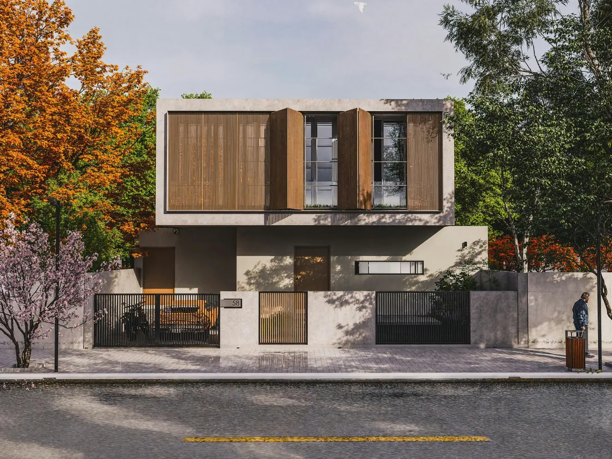 Ahşap ve beton detaylı, ağaçlar arasında modern ev